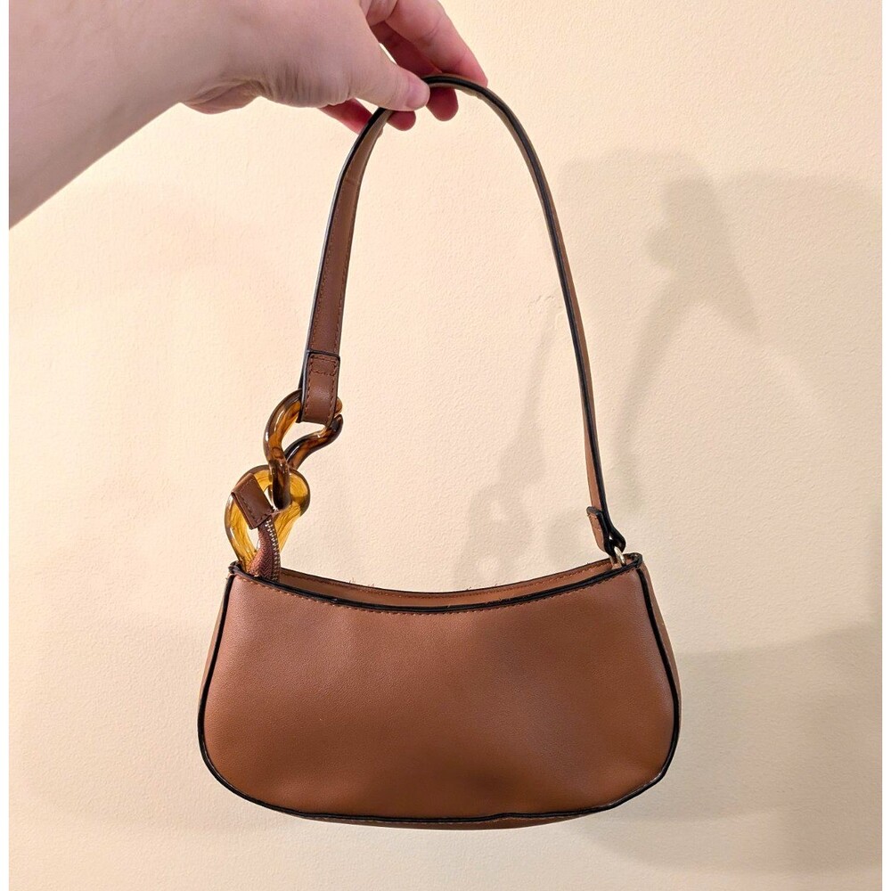 Vintage 90s Style Brown Faux Leather Shoulder Bag Acrylic Chain Accent Crescent